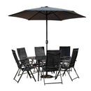 Outdoor 6 Person Rectangular Glass Top Garden Dining Table Chairs With Grey Havana Parasol and Base Set