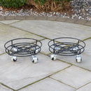 32cm Black Metal Garden Flower Plant Pot Trolley on Castor Wheels