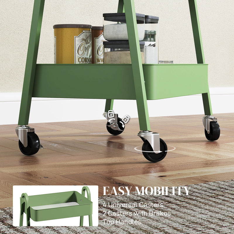 HOMCOM 3-Tier Rolling Utility Cart Kitchen Storage Trolley On Wheels