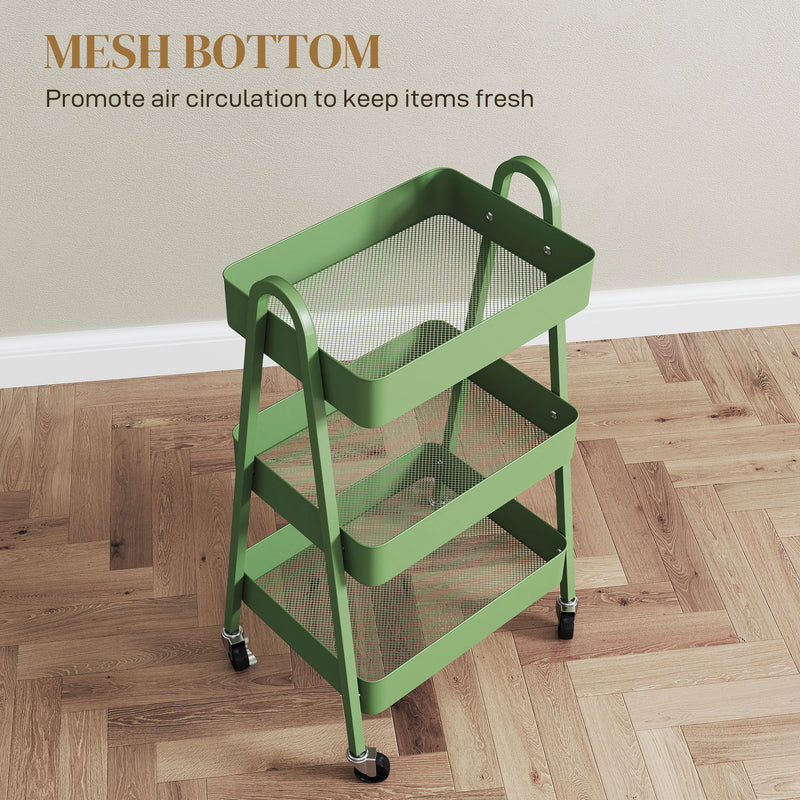 HOMCOM 3-Tier Rolling Utility Cart Kitchen Storage Trolley On Wheels
