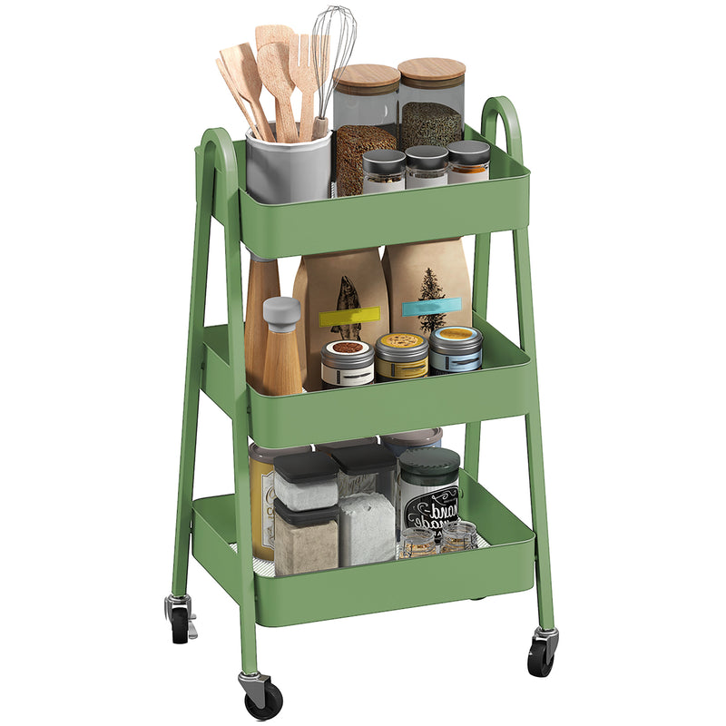 HOMCOM 3-Tier Rolling Utility Cart Kitchen Storage Trolley On Wheels