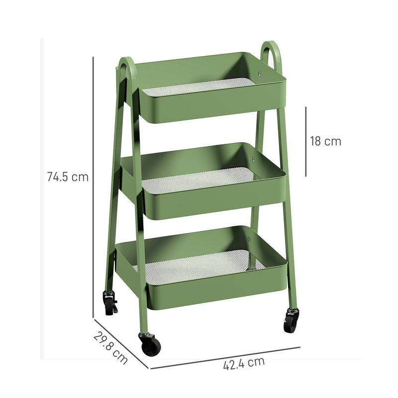 HOMCOM 3-Tier Rolling Utility Cart Kitchen Storage Trolley On Wheels