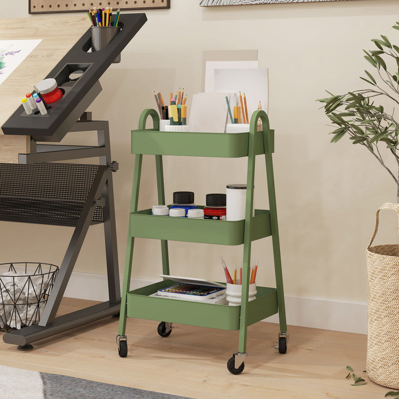 HOMCOM 3-Tier Rolling Utility Cart Kitchen Storage Trolley On Wheels