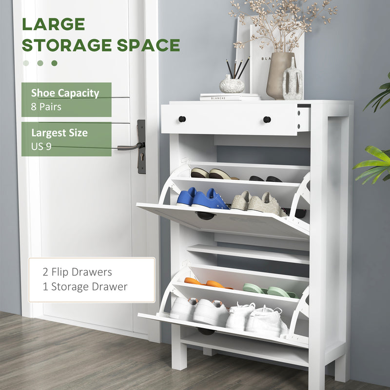 HOMCOM Narrow Shoe Cabinet with 2 Flip Drawers and Top Drawer, White