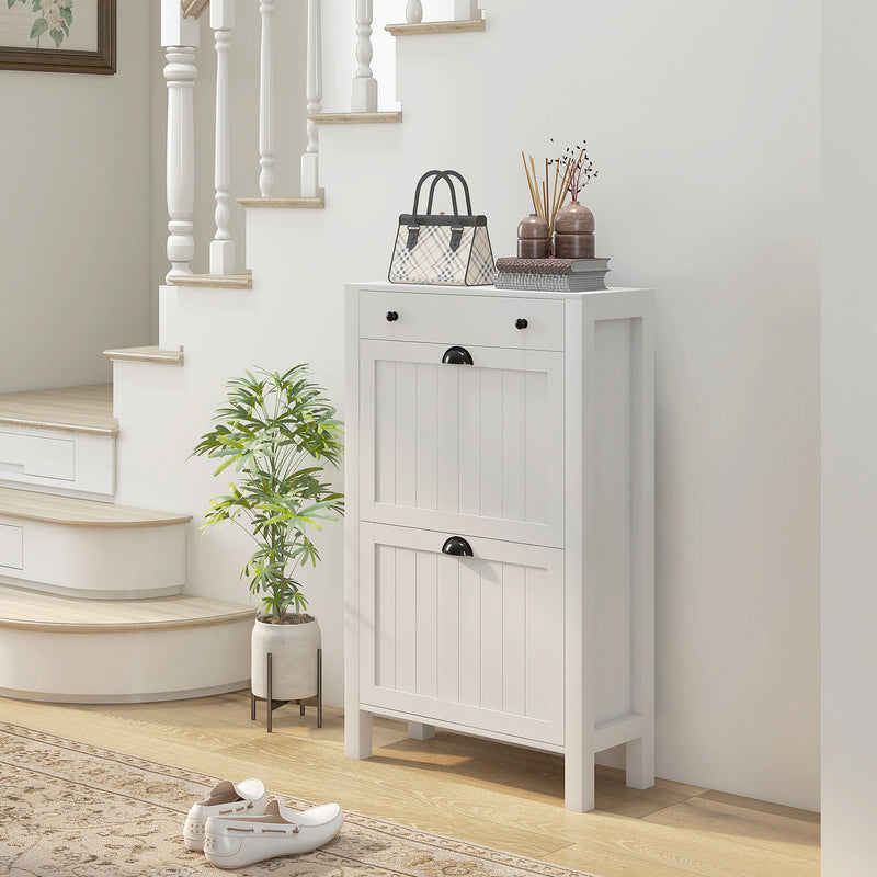 HOMCOM Narrow Shoe Cabinet with 2 Flip Drawers and Top Drawer, White