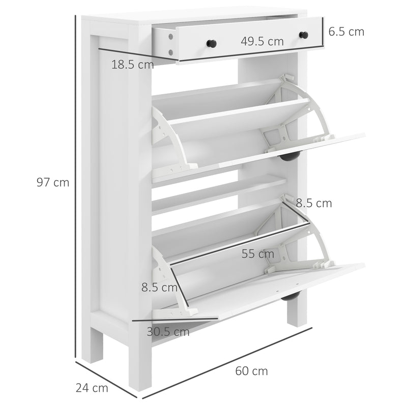 HOMCOM Narrow Shoe Cabinet with 2 Flip Drawers and Top Drawer, White