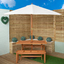 Outdoor 4 Person Rectangular Wooden Garden Dining Table, 2 Benches with Cream Parasol and Base Set