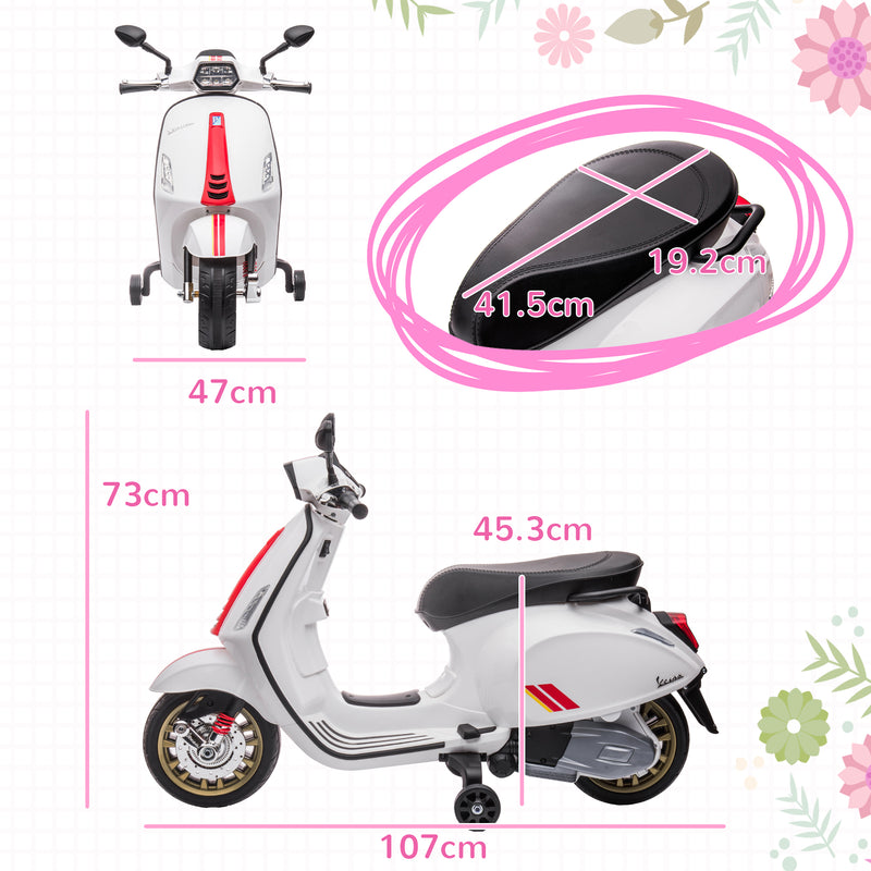 AIYAPLAY Vespa Licensed 12V Kids Electric Bike W/ 2 Training Wheels, White