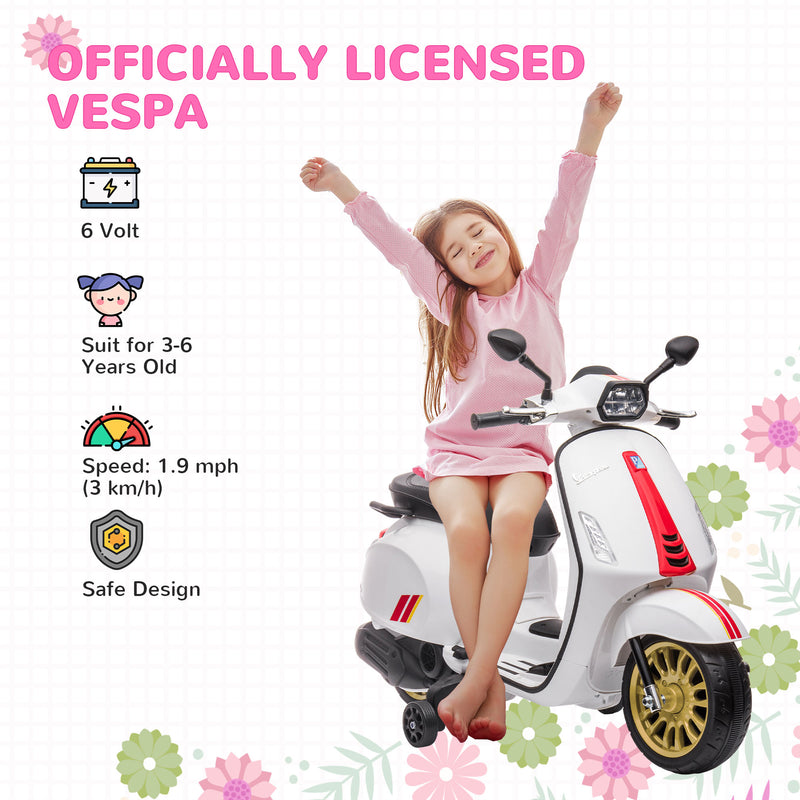 AIYAPLAY Vespa Licensed 12V Kids Electric Bike W/ 2 Training Wheels, White