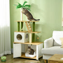 PawHut 2-in-1 Hidden Litter Box with Green Leaf Cat Tree, Indoor - Oak