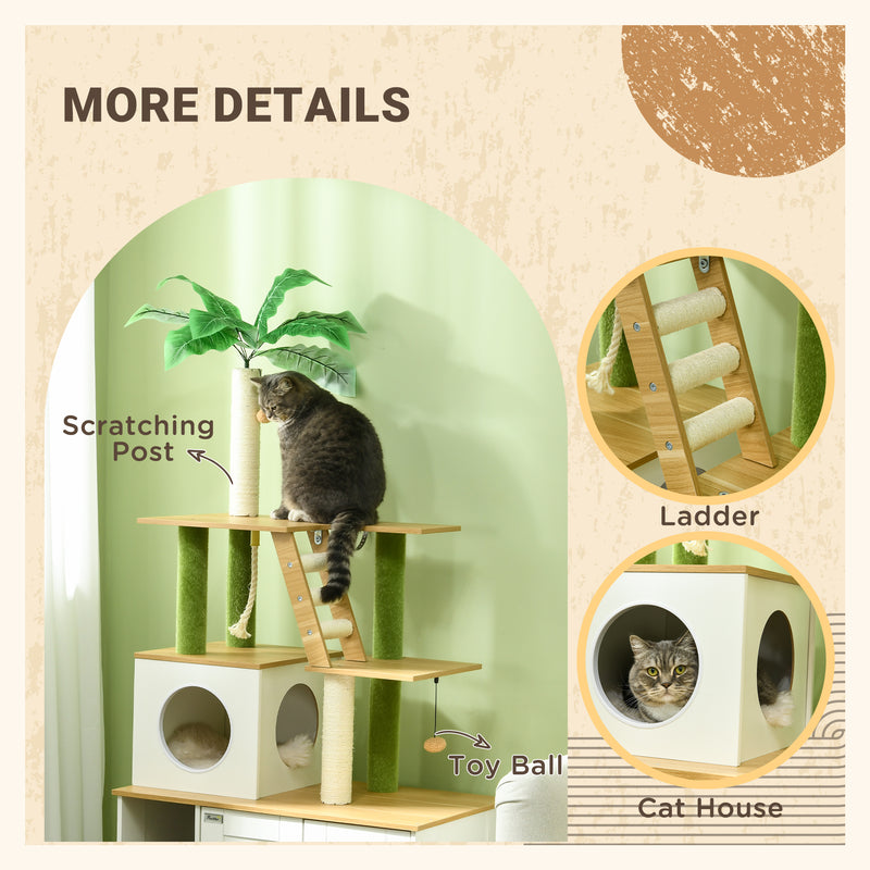 PawHut 2-in-1 Hidden Litter Box with Green Leaf Cat Tree, Indoor - Oak