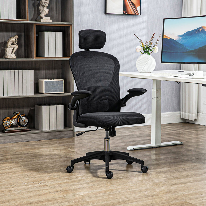 Vinsetto Mesh Chair With Headrest, 4D Lumbar Support, Flip-up Arm - White/Pink/Black