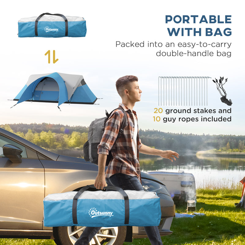 Outsunny 3000mm Waterproof Camping Tent w/ Porch & Sewn in Groundsheet, Blue