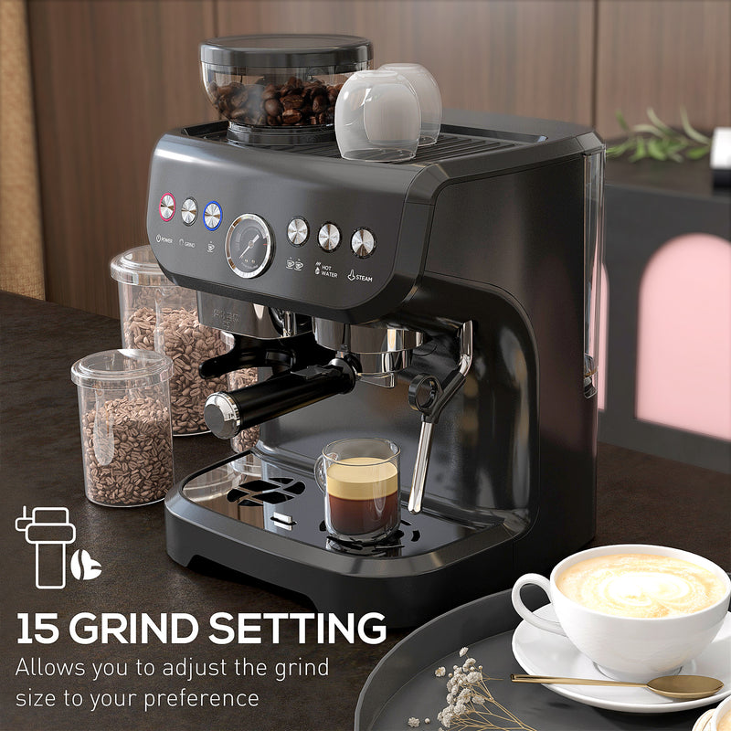 HOMCOM Espresso Machine, Bean Grinder & Steam Wand, 15 Bar Pressure, Black