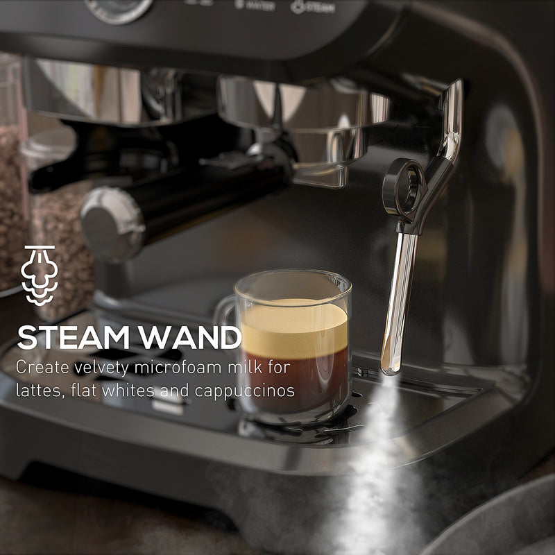 HOMCOM Espresso Machine, Bean Grinder & Steam Wand, 15 Bar Pressure, Black