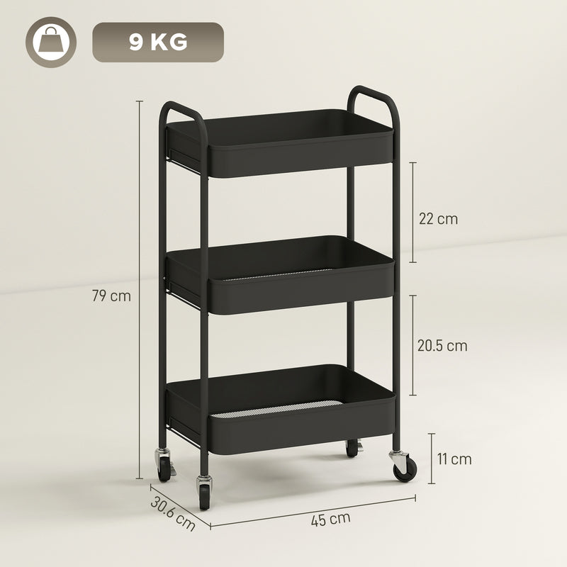 HOMCOM 3 Tier Rolling Utility Cart with 3 Mesh Basket