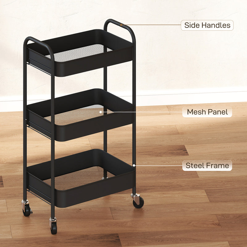 HOMCOM 3 Tier Rolling Utility Cart with 3 Mesh Basket