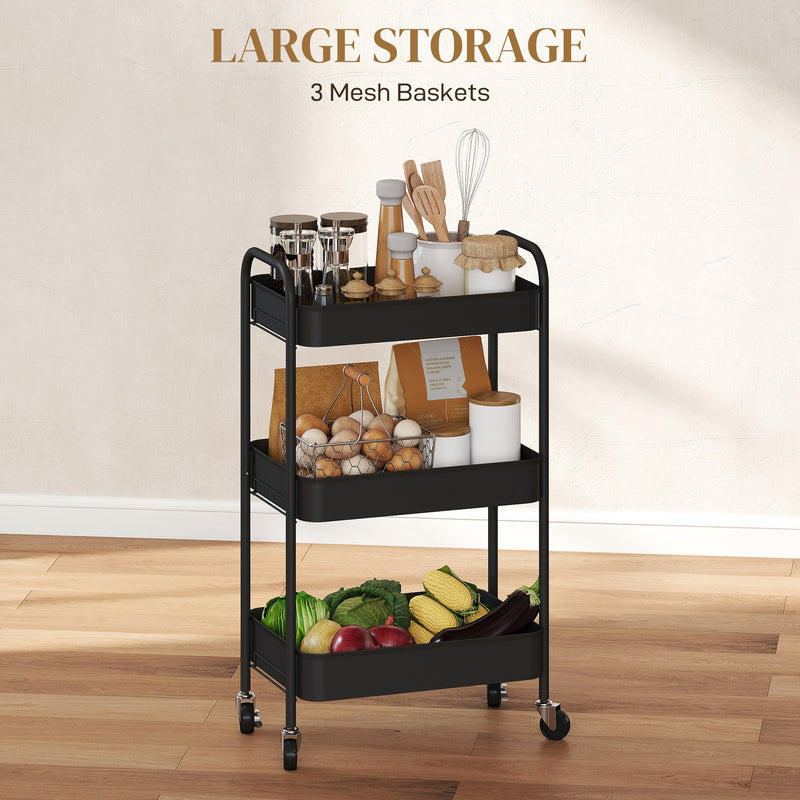 HOMCOM 3 Tier Rolling Utility Cart with 3 Mesh Basket