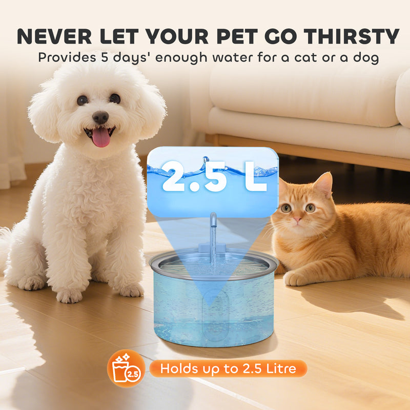 PawHut 2.5L Cat Water Fountain for Drinking Stainless Steel Ultra-Silent
