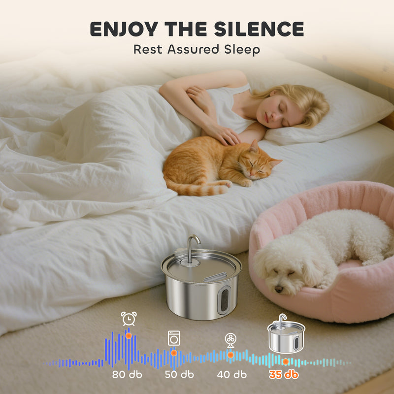 PawHut 2.5L Cat Water Fountain for Drinking Stainless Steel Ultra-Silent