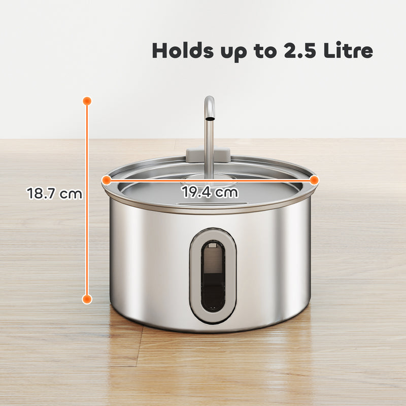 PawHut 2.5L Cat Water Fountain for Drinking Stainless Steel Ultra-Silent