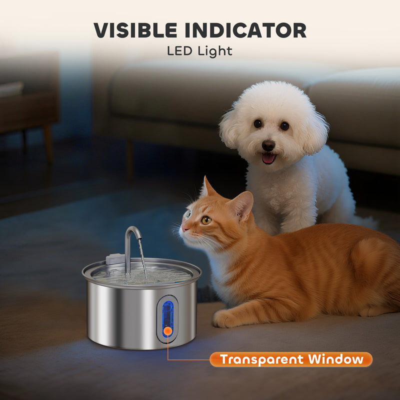 PawHut 2.5L Cat Water Fountain for Drinking Stainless Steel Ultra-Silent