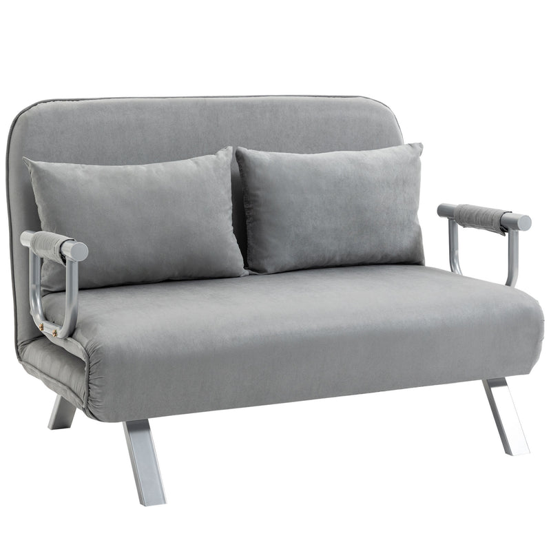 HOMCOM Fabric Convertible 2 Seater Sofa Bed W/ 2 Pillows, Light Grey