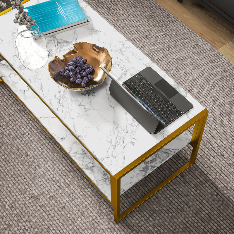 HOMCOM Two-Tier Coffee Table With Marble Effect Shelf And Metal Frame White