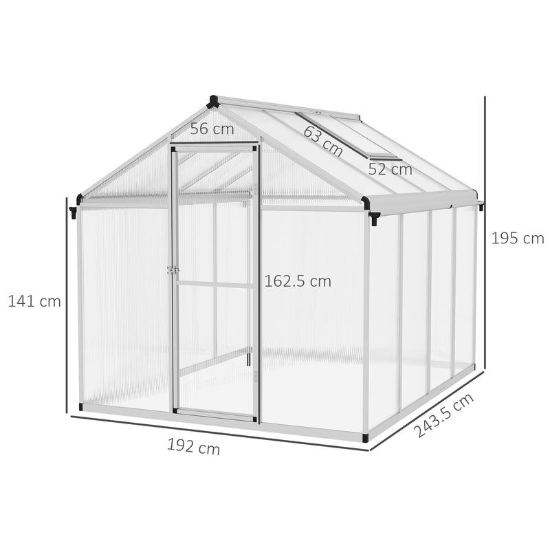 Outsunny Aluminium Greenhouse With/ Door Window Galvanised Base PC Panel