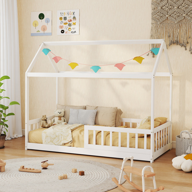 HOMCOM House-Shaped Kids Bed Frame with Safety Fence for Boys Girls, White