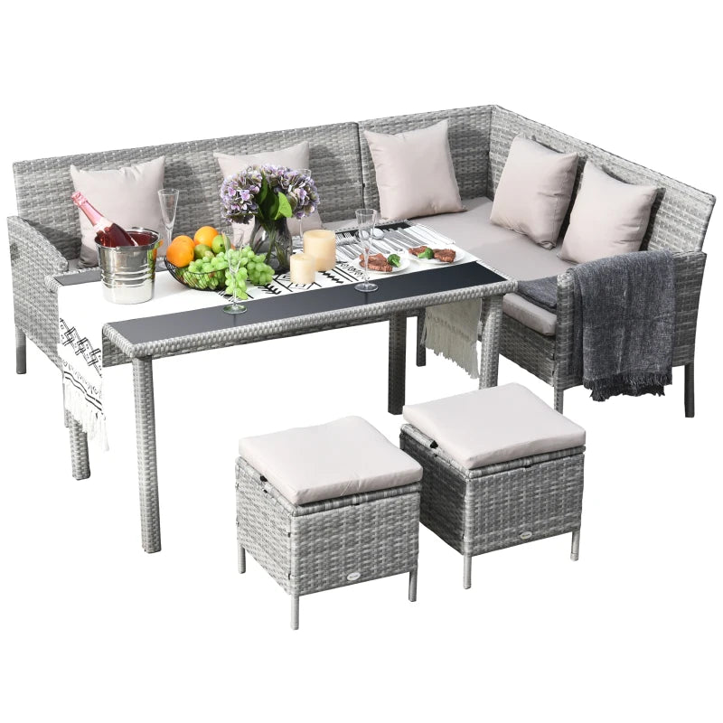 Outsunny Rattan Sofa Set with Coffee Table & Footstools - Grey