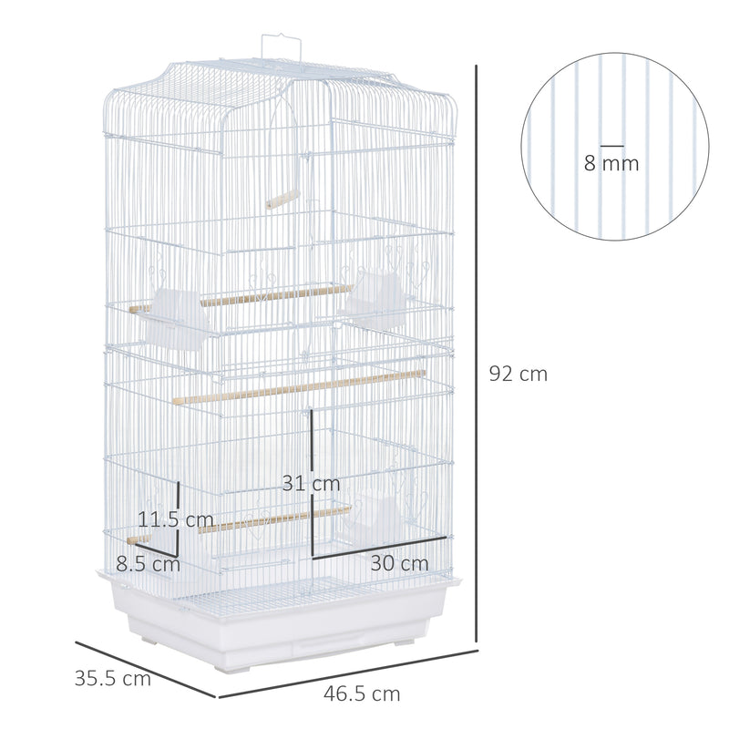 Bird Cage with Stand, Perches, Food Bowls, Swing, 46.5 x 35.5 x 92cm, White