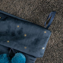 70cm Hanging Dark Blue Velour Star Print Christmas Stocking With Pom Poms