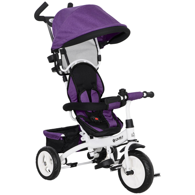 HOMCOM 6 in 1 Kids Purple Trike, Stroller with Parent Handle