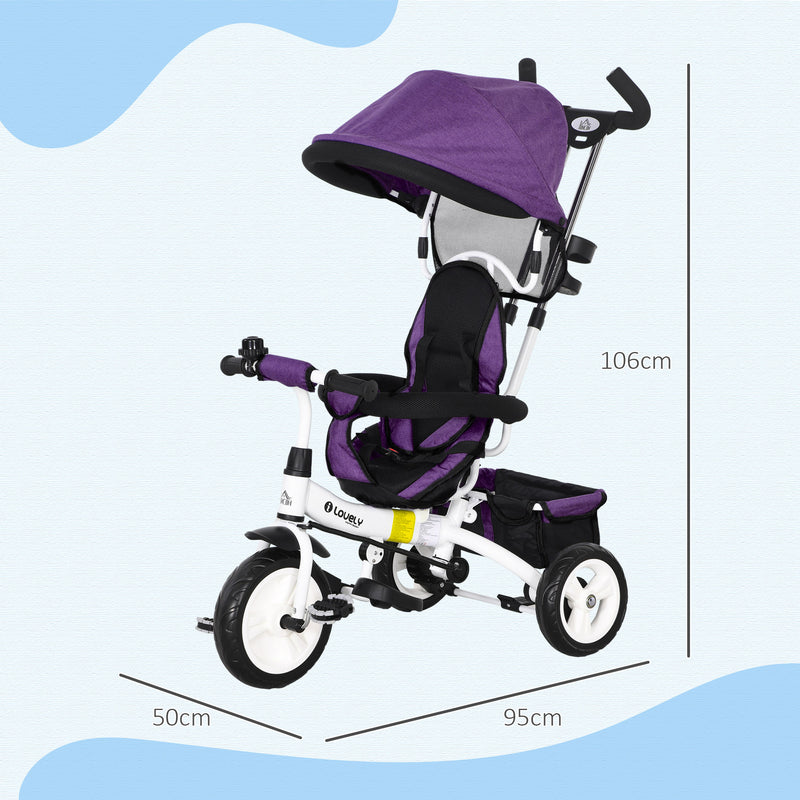 HOMCOM 6 in 1 Kids Purple Trike Stroller with Parent Handle