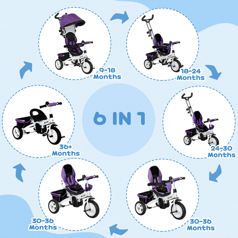HOMCOM 6 in 1 Kids Purple Trike, Stroller with Parent Handle
