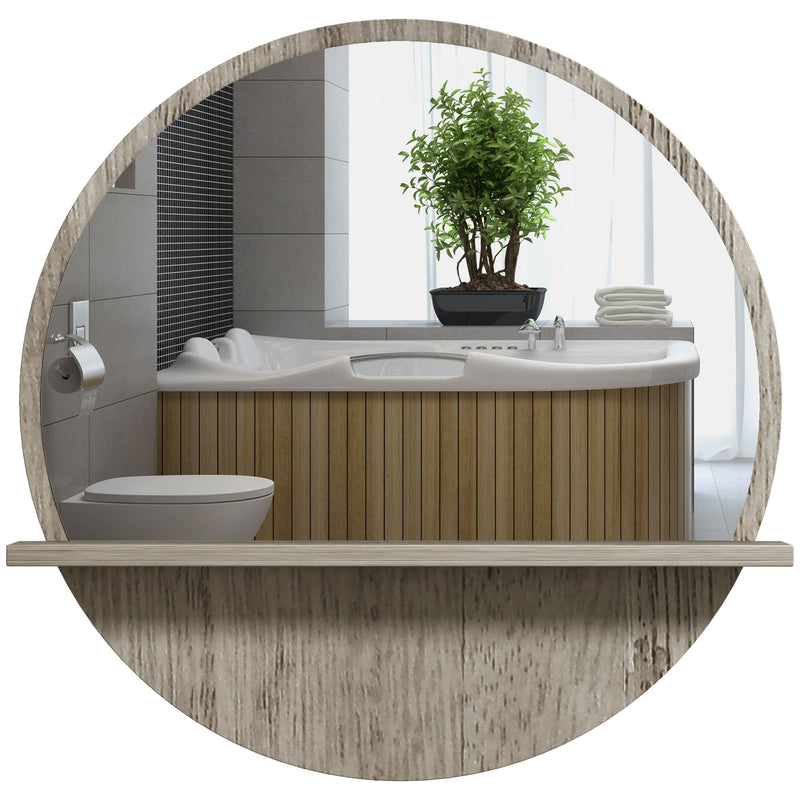 Kleankin Round Mirror for Wall Makeup Mirror with Shelf Grey Wood Effect