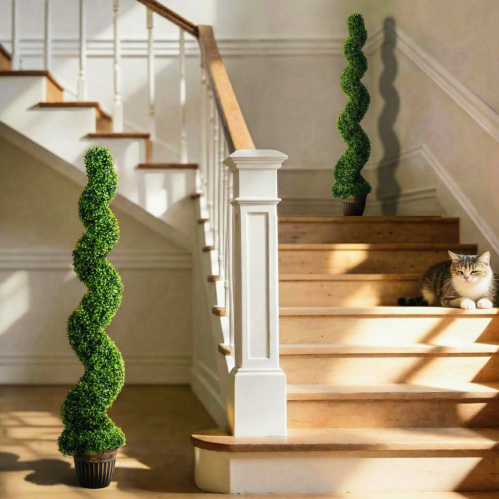 HOMCOM Set Of 2 Potted Artificial Plants, Topiary Spiral Boxwood Trees