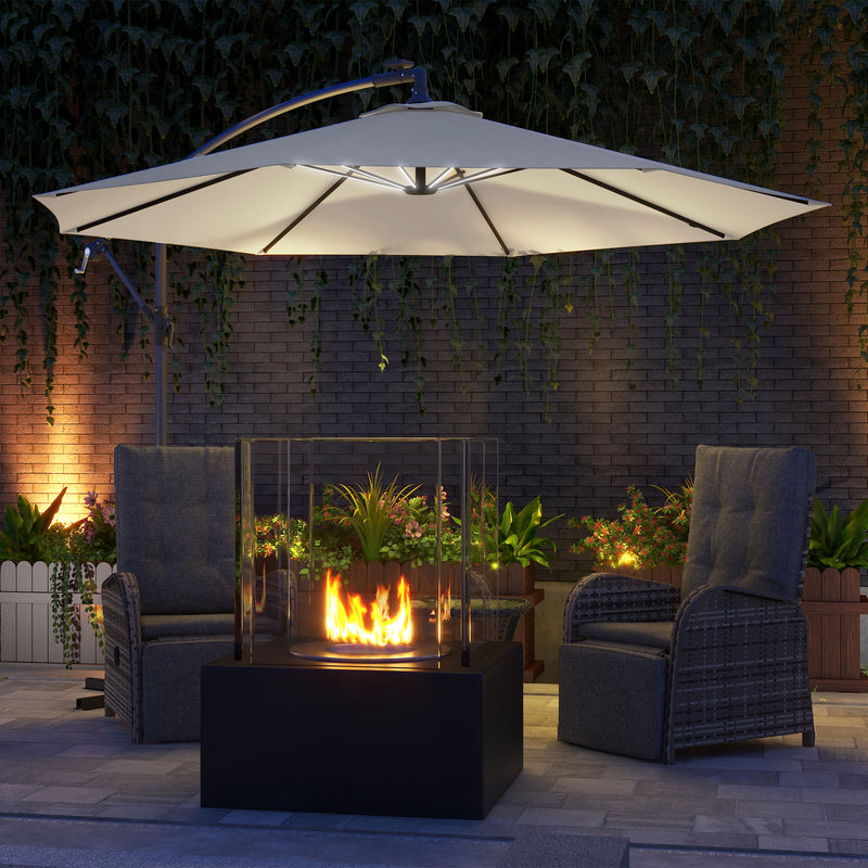 Outsunny 3(m) LED Patio Banana Umbrella Cantilever Parasol W/ Crank - Grey/Beige