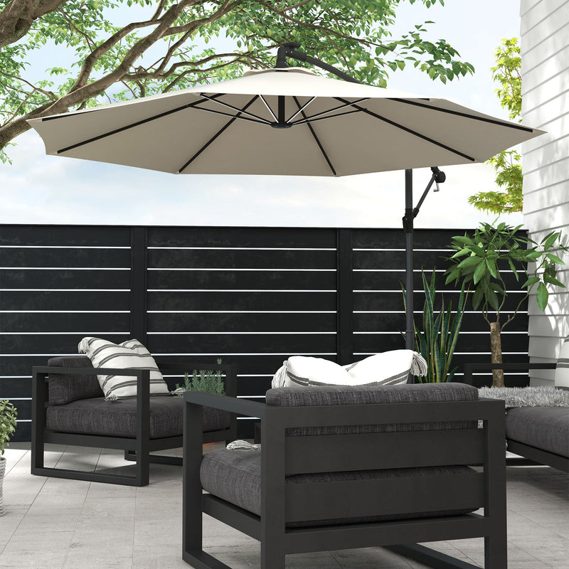 Outsunny 3(m) LED Patio Banana Umbrella Cantilever Parasol W/ Crank - Grey/Beige