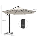Outsunny 3(m) LED Patio Banana Umbrella Cantilever Parasol W/ Crank - Grey/Beige