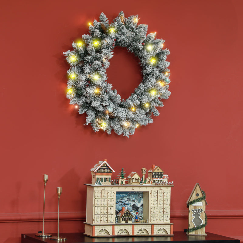 HOMCOM 60cm Flocked Christmas Wreath with Lights Pine Cones Red Berries Green