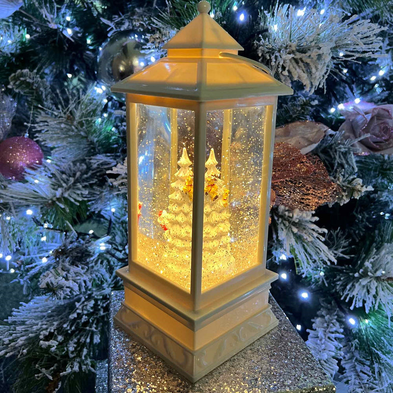 Christmas Sparkle Water Snowstorm Lantern with Christmas Tree and Santas Sleigh 28.5cm in White