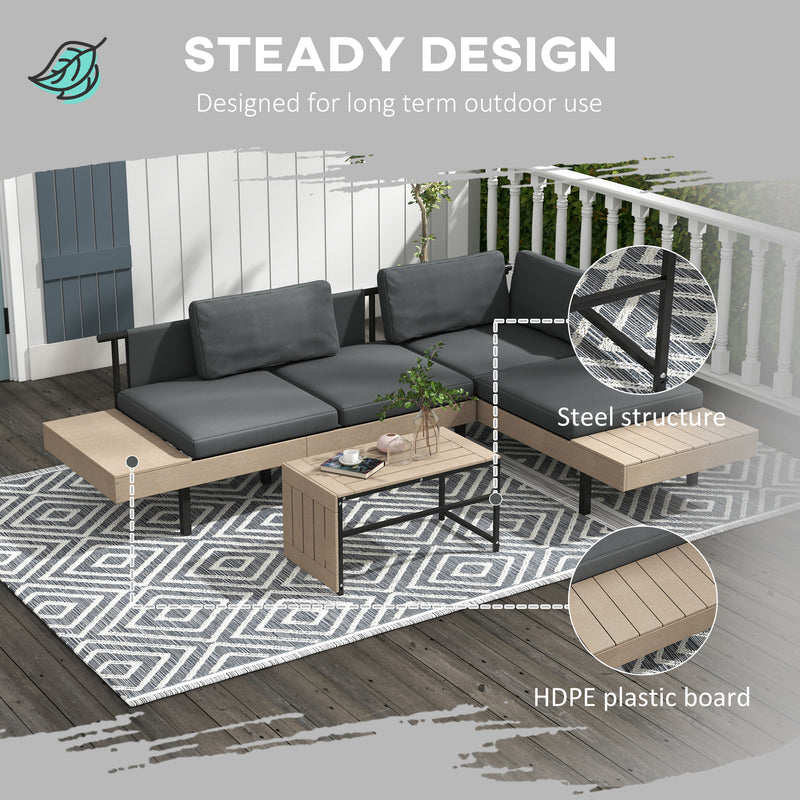 Outsunny HDPE Garden Furniture Sets with Cushions, Table, L-Shaped Sofa, Grey