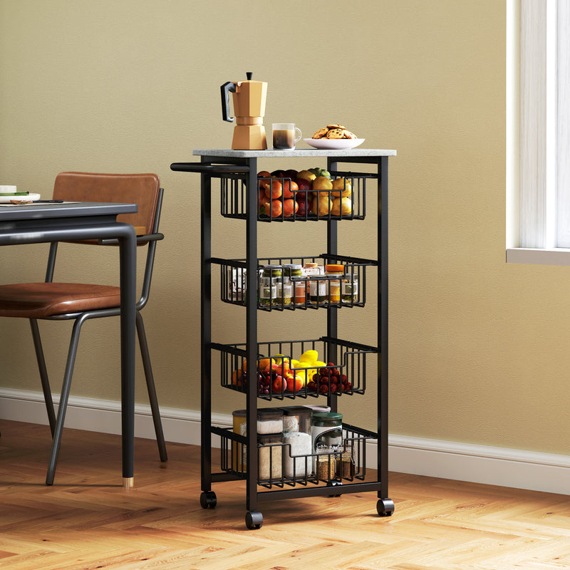 HOMCOM 4-Tier Kitchen Island on Wheels with 4 Pull-Out Baskets, Light Grey