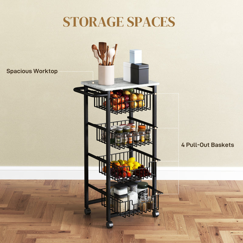 HOMCOM 4-Tier Kitchen Island on Wheels with 4 Pull-Out Baskets, Light Grey
