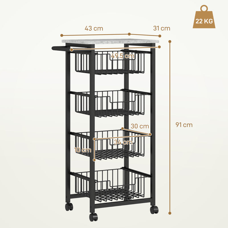 HOMCOM 4-Tier Kitchen Island on Wheels with 4 Pull-Out Baskets, Light Grey