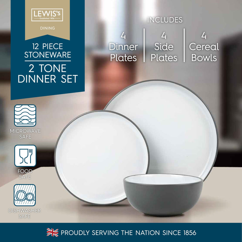 Lewis's 12 Piece Stoneware Dinner Set - 2 Tone