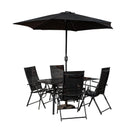 Outdoor 4 Person Rectangular Glass Top Garden Dining Table Chairs With Black Parasol and Base Set