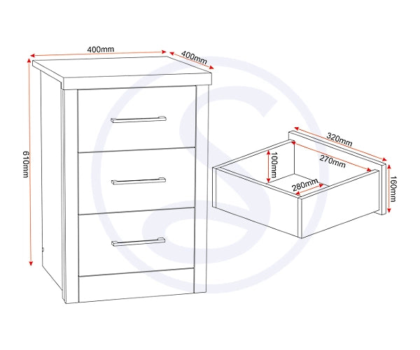LISBON 3 DRAWER BEDSIDE - BLACK WOOD GRAIN